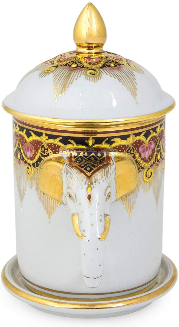 Handmade Porcelain 'Thai Iyara' Mug Saucer (Thailand) White Yellow Geometric Traditional 1 Piece