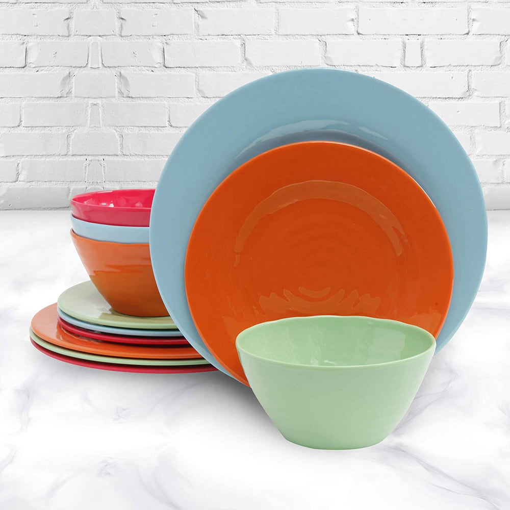 Color Burst 12 Piece Dinnerware Set 4 Solid Assorted Colors Casual Round - Diamond Home USA