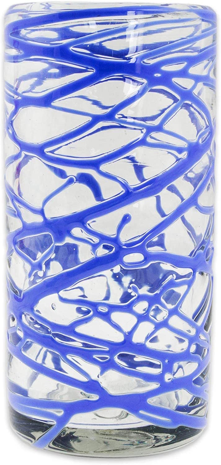Handmade Blown Glass High Ball Glasses Sapphire Swirl Set 6 (Mexico) Blue Clear - Diamond Home USA