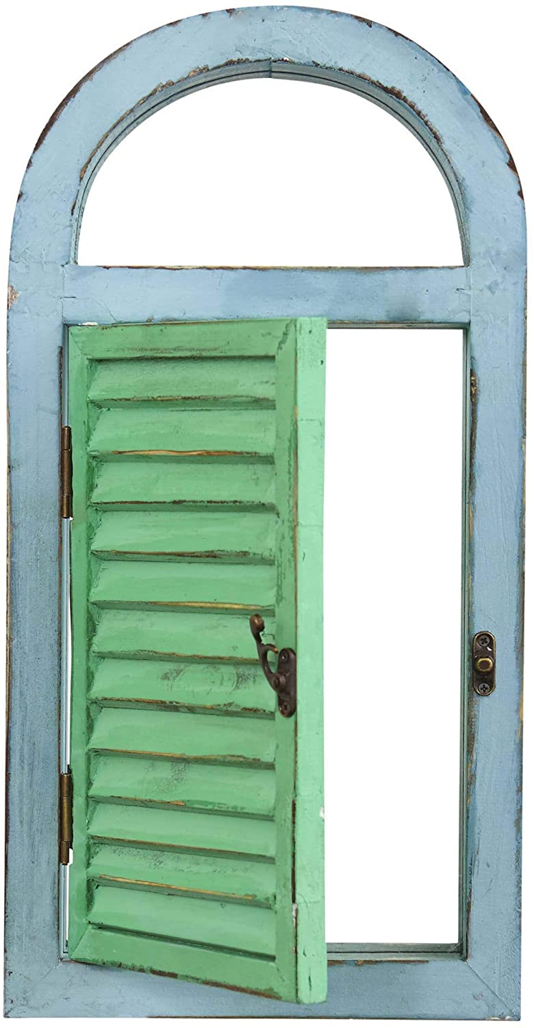 Decorative Wood Vintage Window Shutter Mirror Blue Rustic Glass Antique Storage - Diamond Home USA