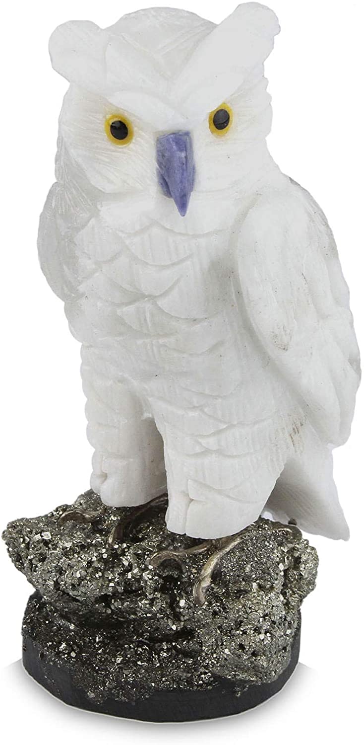 Handcrafted Onyx 'Vigilant Owl' Sculpture (Peru) Black Purple White Yellow Glass Iron Stone Handmade - Diamond Home USA