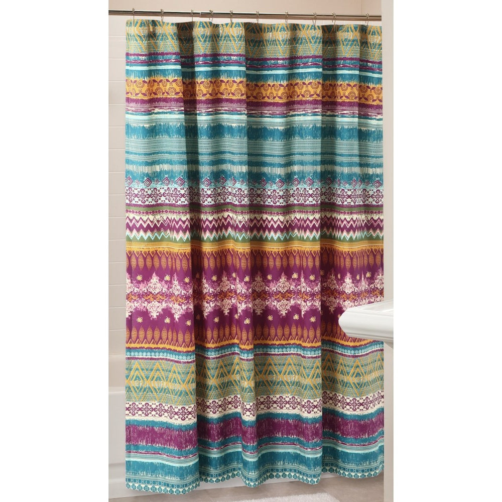 Purple Aqua Green Detailed Horizontal Stripe Pattern Shower Curtain Polyester Detailed Colorful Abstract Geometric Themed Multicolored Stripes Printed