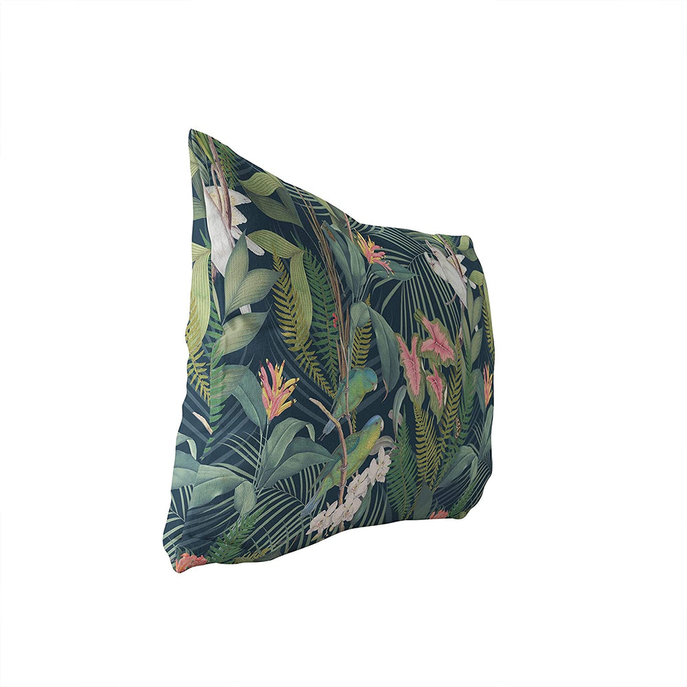 Tropical Jungle Navy Lumbar Pillow Blue Floral Tropical Polyester Single Removable Cover - Diamond Home USA