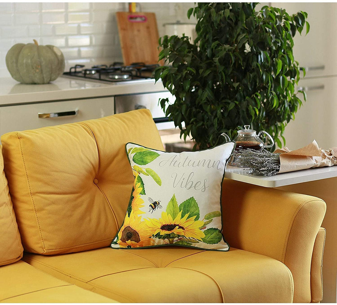 Fall Season Autumn Vibes Throw Pillow Covers 18''x18'' (Set 4) Yellow Floral Farmhouse Polyester Set 3 More Removable Cover - Diamond Home USA