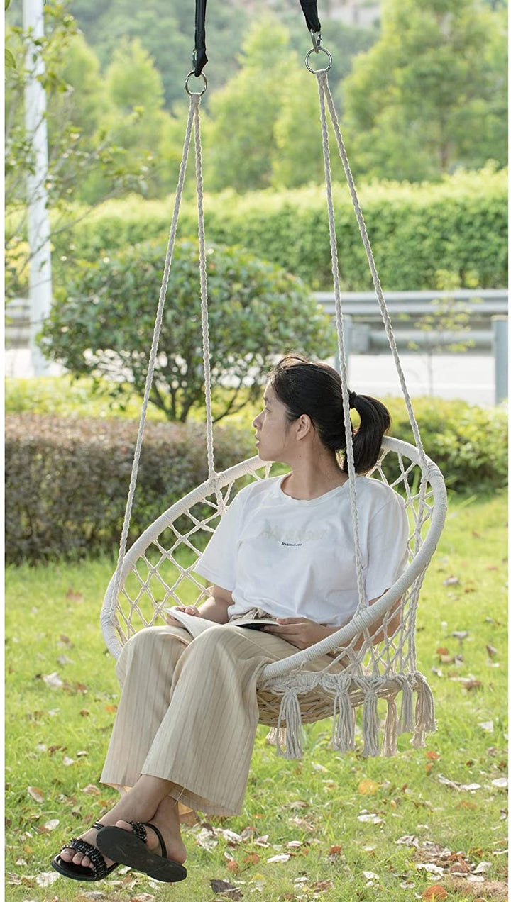 Round Hanging Hammock Cotton Rope Macrame Swing Chair Indoor Outdoor White Bohemian Eclectic Ultra Light - Diamond Home USA