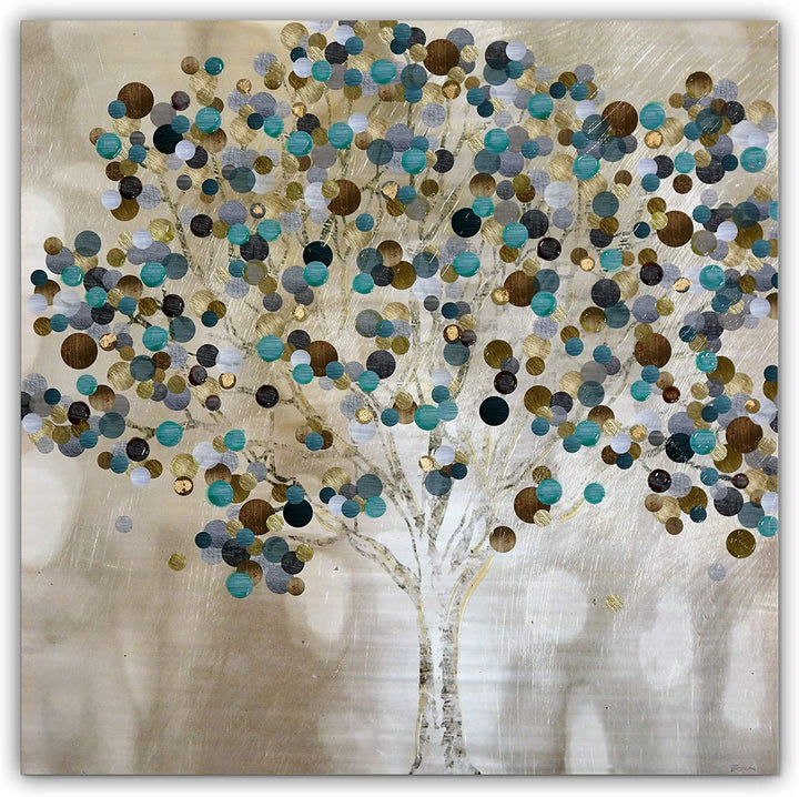 Teal Tree Gallery Wrapped Canvas Wall Art Black Blue Gold Traditional Rectangle Square - Diamond Home USA