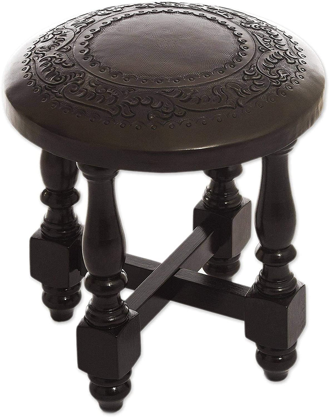 Tooled Leather Cedar Wood Accent Stool Brown Mid Century