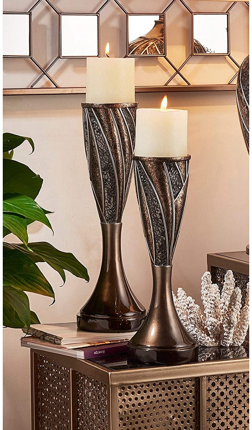 International Home Decor Floral Candleholder (Set 2) Silver Traditional Polyresin - Diamond Home USA