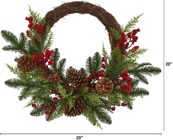 22" Mixed Pine Cedar Berries Cones Artificial Wreath Green Polyester - Diamond Home USA