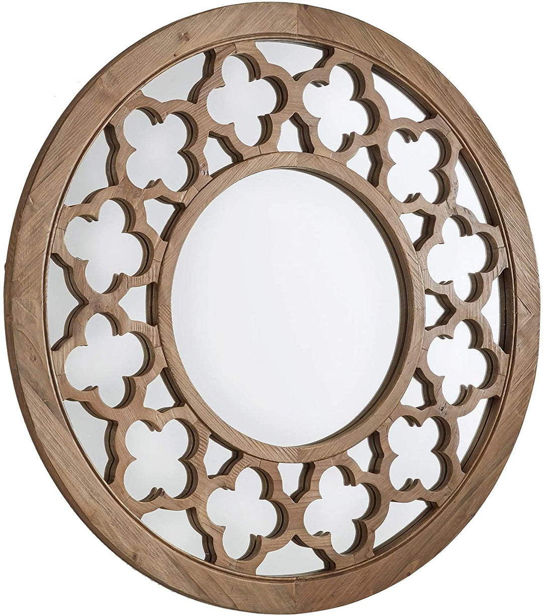 Wood Quatrefoil Cutout Round Wall Mirror Artisan Brown Rustic Includes Hardware - Diamond Home USA