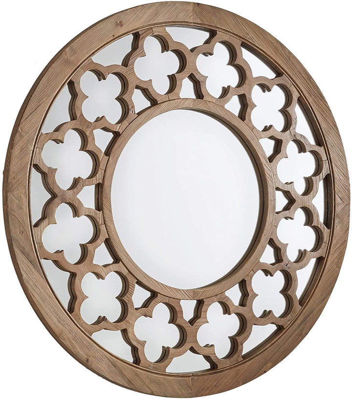 Wood Quatrefoil Cutout Round Wall Mirror Artisan Brown Rustic Includes Hardware - Diamond Home USA