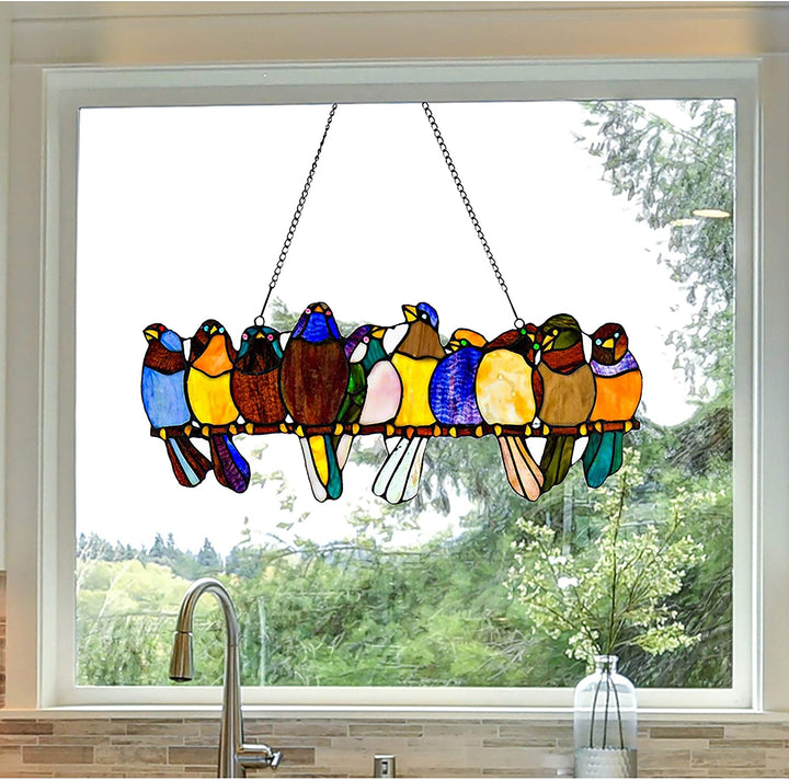 Stained Glass Birds Wire 9 25 inch Window Panel 24 25" l X 0 25" w 9 5" h Green White Yellow Modern Contemporary Animals Includes Hardware