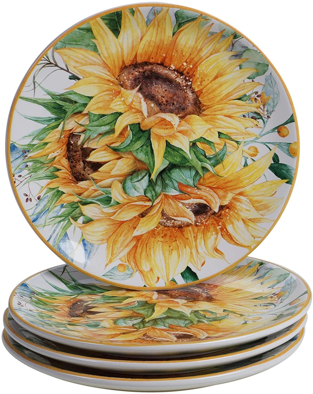 Sunflower Fields 16 Piece Dinnerware Set (Service 4) Color White Yellow Floral Farmhouse Modern Contemporary Round 16 Piece Dishwasher Safe Microwave - Diamond Home USA