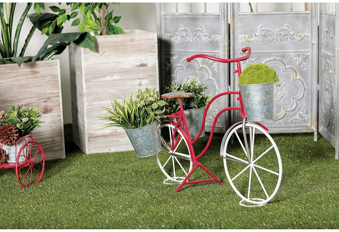 Eclectic 22 Inch Red White Bicycle Plant Stand Grey Bohemian