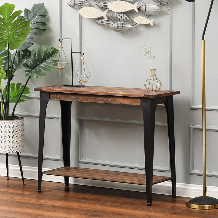 Wood Metal Console Entryway Table Black Brown Modern Contemporary Rectangle Iron Oak Finish Storage - Diamond Home USA