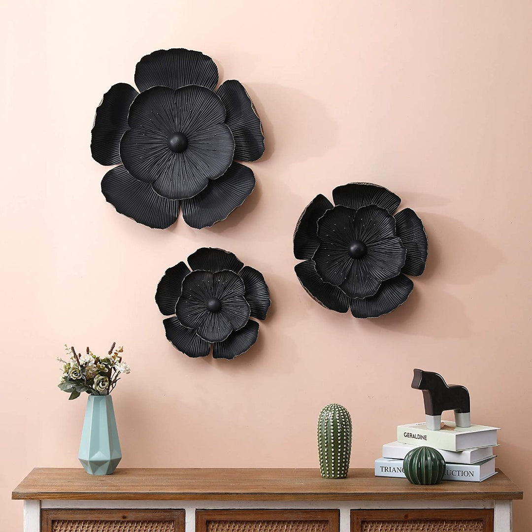 3 Piece Black Metal Flowers Wall Modern Contemporary