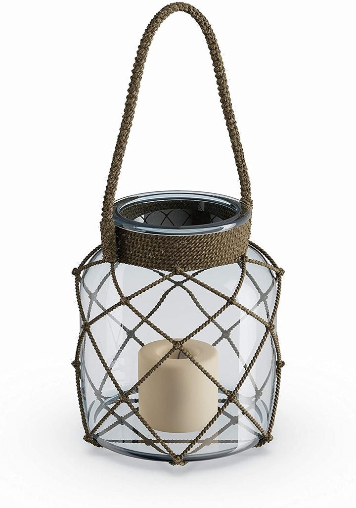 Glass/Rope Candle Lantern (7'' X 8'') Brown Clear