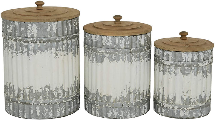 Round Distressed hite Galvanized Metal Textured Canisters