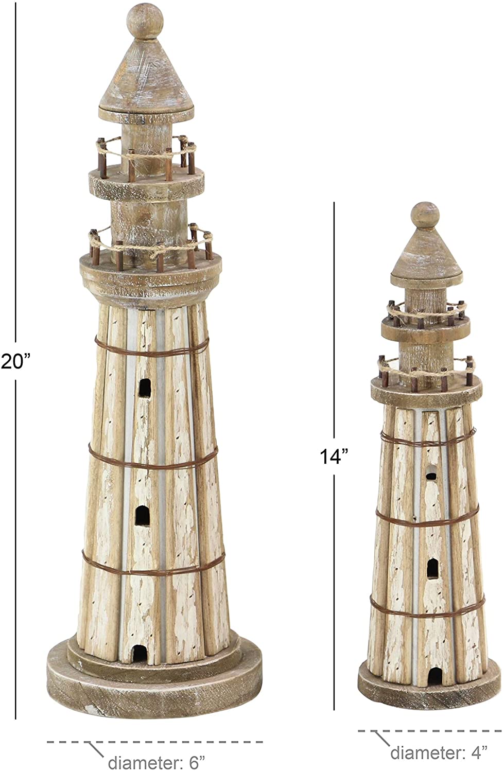 Set 2 Coastal Inspired Stained Wood Brown Lighthouse Sculptures White Nautical Antique - Diamond Home USA