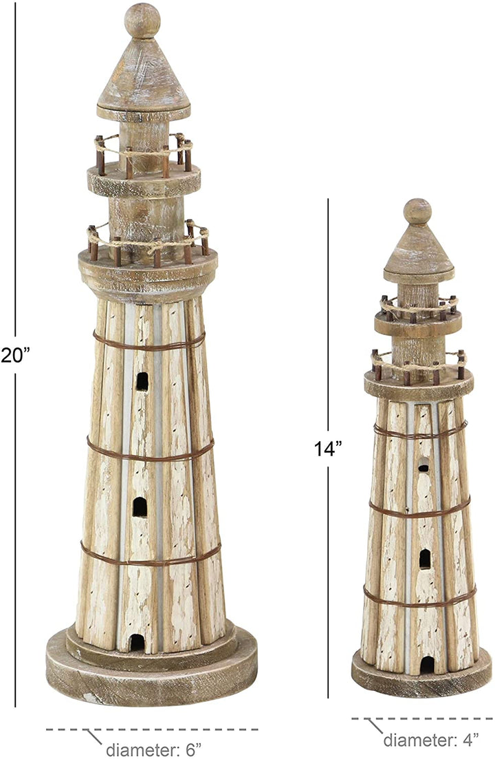 Set 2 Coastal Inspired Stained Wood Brown Lighthouse Sculptures White Nautical Antique - Diamond Home USA
