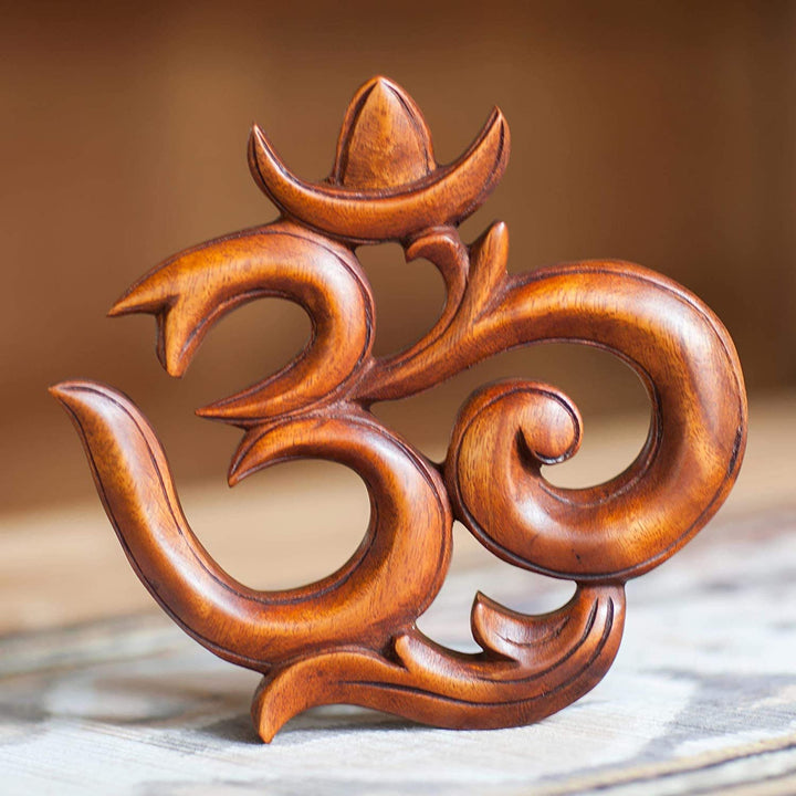 Wood Sacred Om Relief Panel Brown Handmade