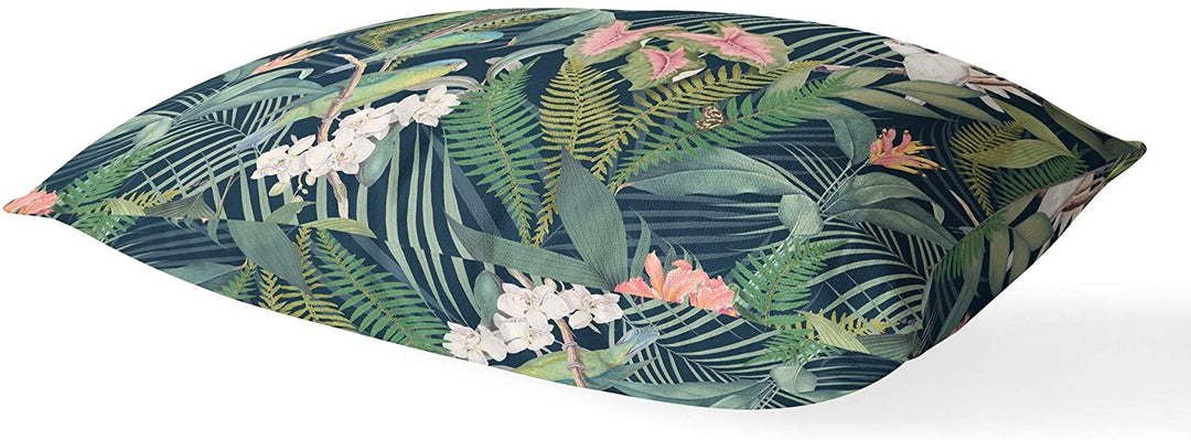 Tropical Jungle Navy Lumbar Pillow Blue Floral Tropical Polyester Single Removable Cover - Diamond Home USA