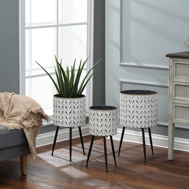 Unknown1 3 Piece Standing Metal Round Planters Black White Modern Contemporary - Diamond Home USA