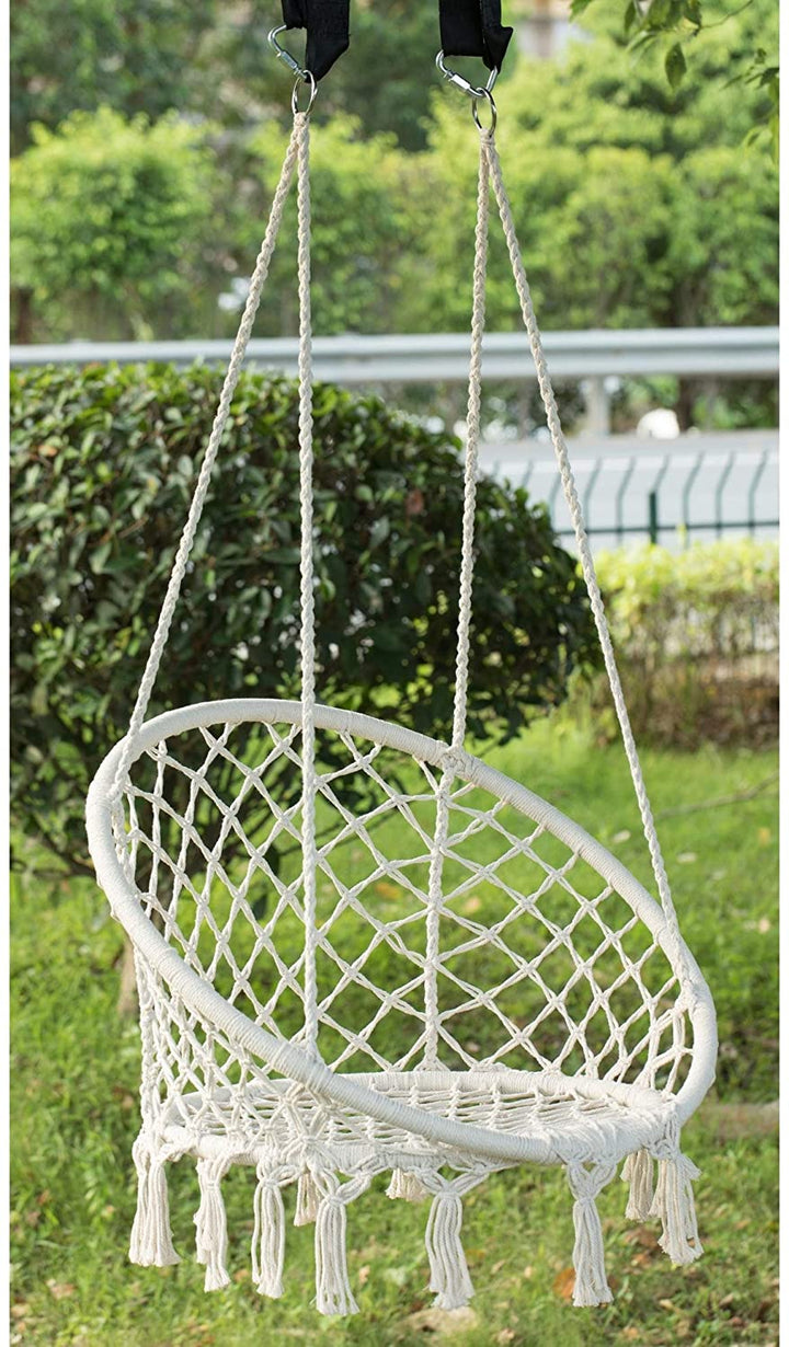 Round Hanging Hammock Cotton Rope Macrame Swing Chair Indoor Outdoor White Bohemian Eclectic Ultra Light - Diamond Home USA