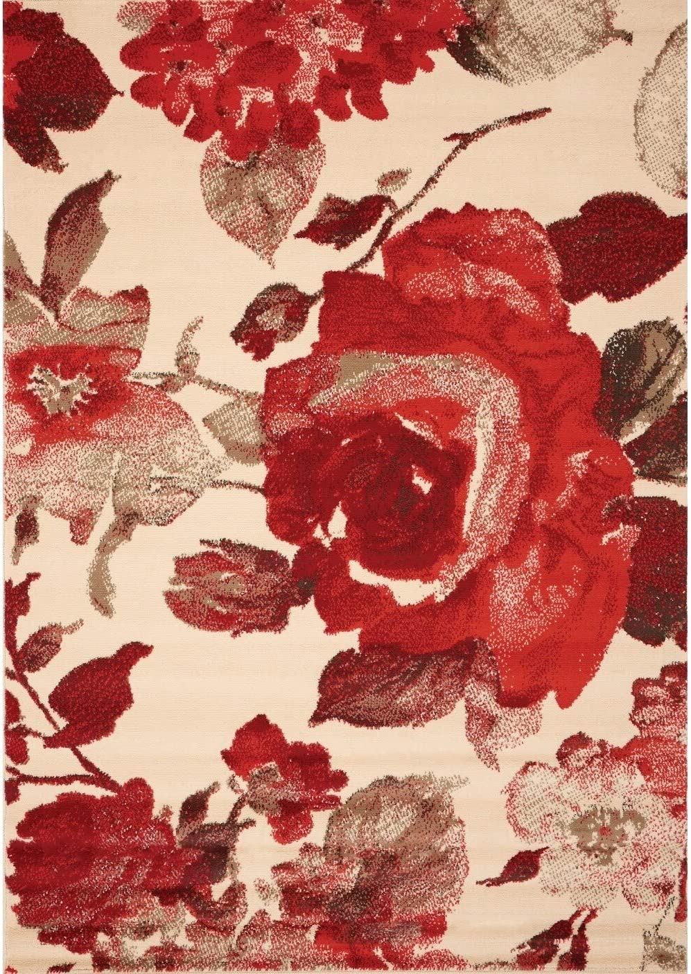 Cream Red Vintage Botanical Rug 5'3" X 7'4" Floral Modern Contemporary Rectangle Polypropylene Contains Latex Stain Resistant - Diamond Home USA