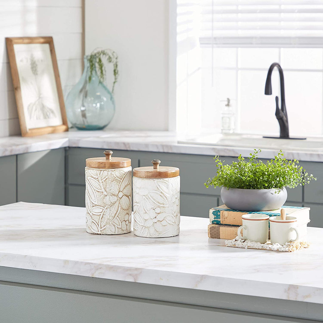 Round Rustic White Floral Carved Ceramic Jars Wood Lid Set 2 9" 10" 11 X 6 10 Clay - Diamond Home USA