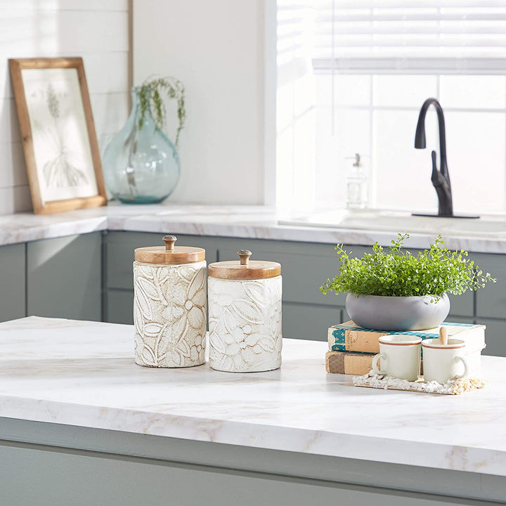 Round Rustic White Floral Carved Ceramic Jars Wood Lid Set 2 9" 10" 11 X 6 10 Clay - Diamond Home USA