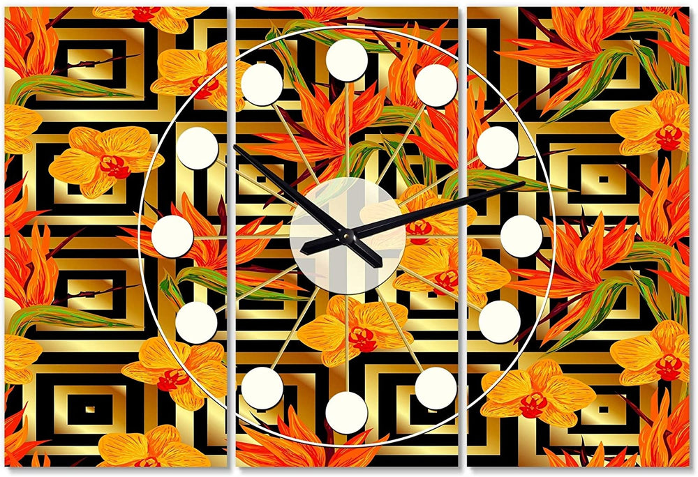 Tropical Gold Luxury Pattern Iii' Oversized Mid Century Wall Clock 3 Panels 36 Wide X 28 High Orange Glam Modern Contemporary Rectangular - Diamond Home USA