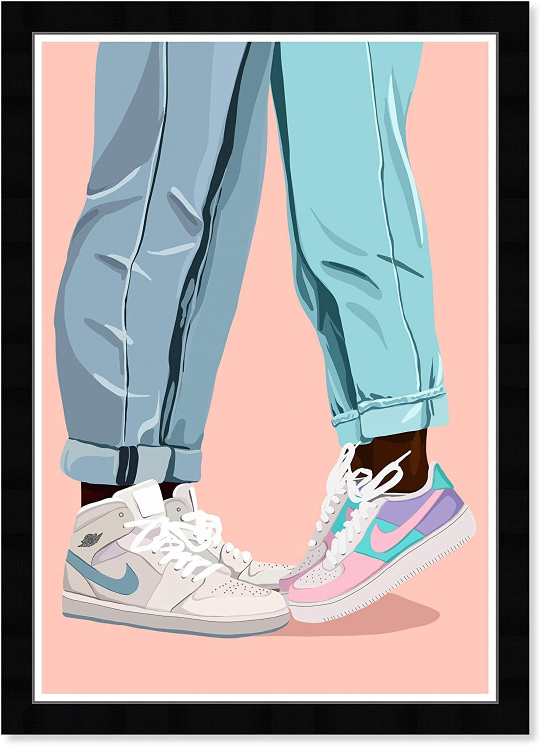 Sneaker Couple' Fashion Glam Wall Art Framed Shoes Pink Blue Modern Contemporary Rectangle - Diamond Home USA