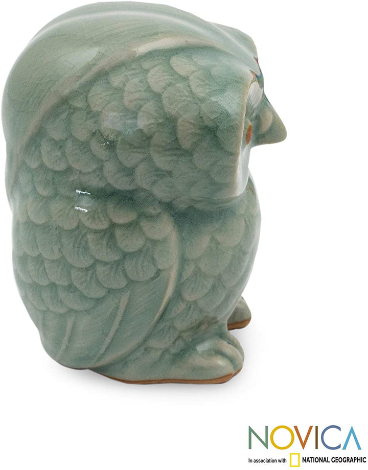 Handcrafted Celadon Ceramic 'Little Blue Owl' Figurine Handmade Thailand - Diamond Home USA