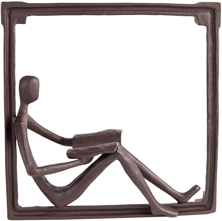 Man Reading Window Hanging Wall Art Iron Sculpture Brown