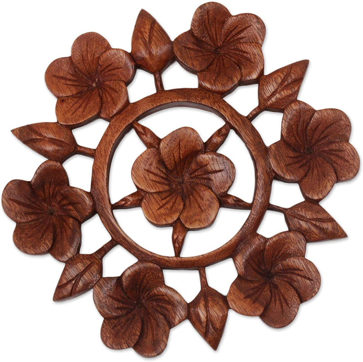 Handmade Wood Relief Panel 'Frangipani Garden' (Indonesia)