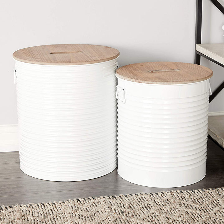 Round White Metal Stool Wood Top Seat Storage Set 2 18" 16" 16 X 18 Solid Farmhouse Iron - Diamond Home USA