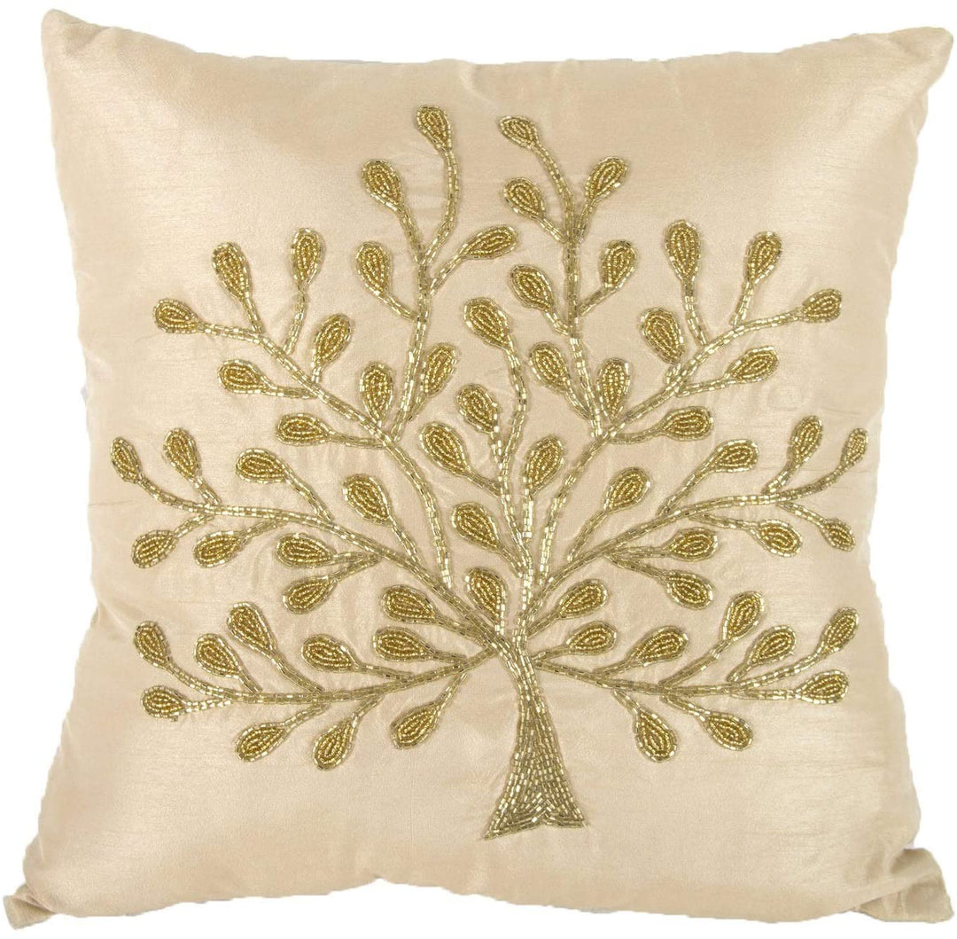 Goldtone Poly Silk 18 inch Square Beaded Pillow Gold