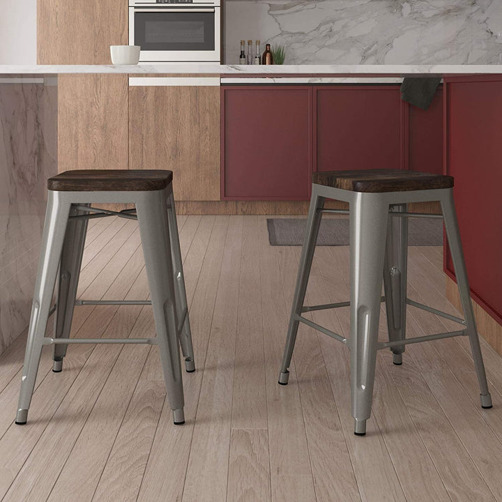 24 inch Metal Counter Stool Wood Seat (Set 2) Grey Farmhouse