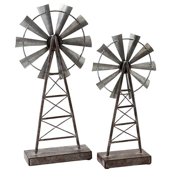 Brown Grey Rustic Windmill Themed Table Decor Set Silver Gray Farmhouse Sculpture Vintage Barn Table Top Home Accent Distressed Country Figurine