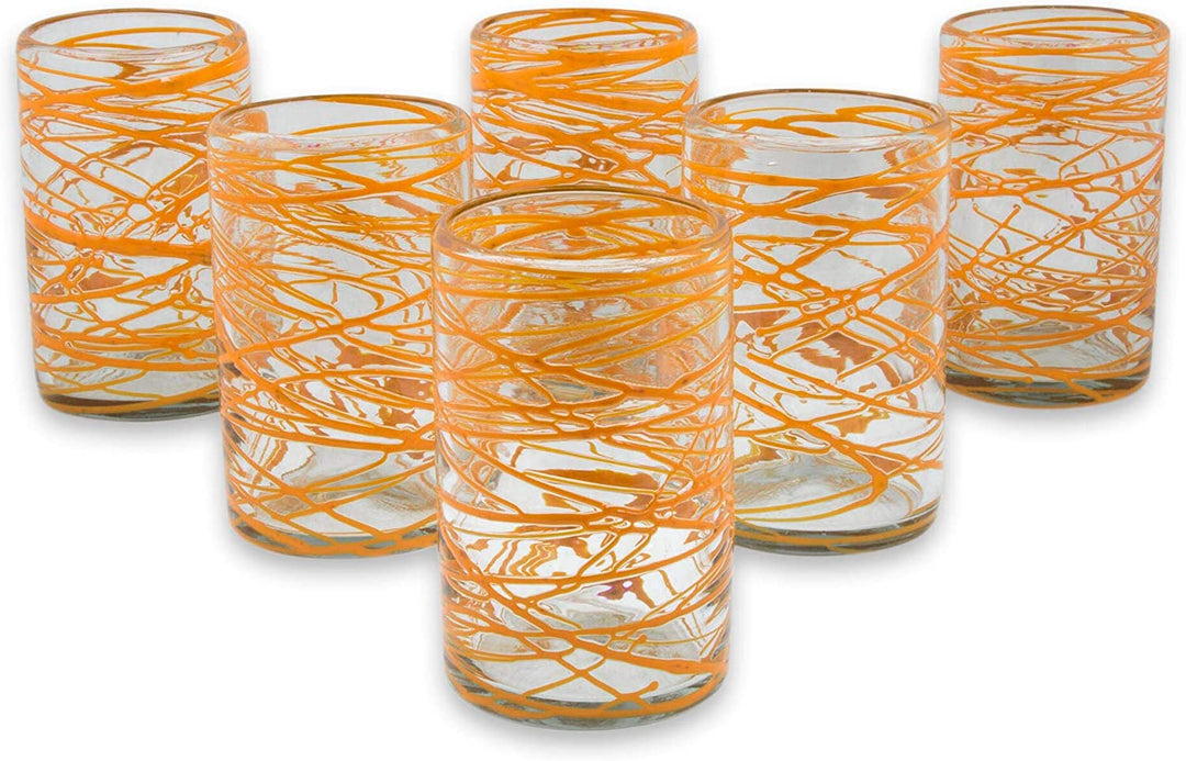 Handmade Set 6 Blown Glass 'Tangerine Swirl' Water Glasses (Mexico) Clear Orange - Diamond Home USA