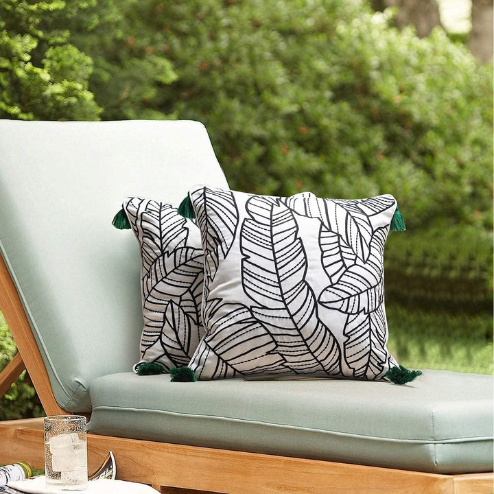 Tropical Leaves Embroidered Outdoor Pillow Cover 17"x 17"Set 2 Black White Mid Century Modern Polyester Set Removable
