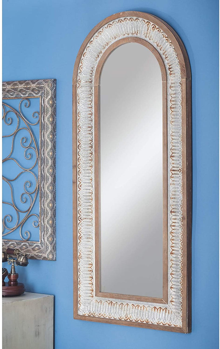 Tall Arched Natural Wood Distressed Metal Patterned Framed Wall Mirror 26" X 58" 26 X 2 59 Gold Farmhouse - Diamond Home USA