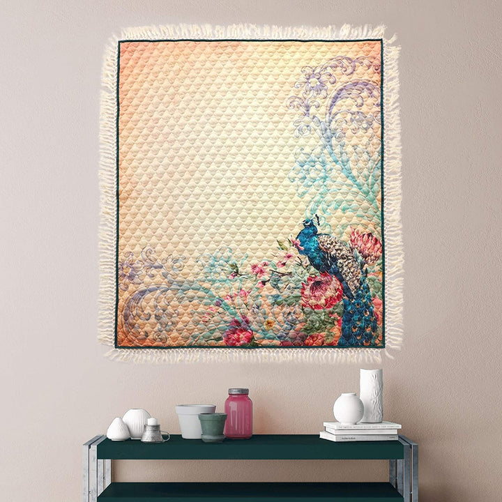 Peacock Fringed Quilted Throw Blanket Gold Bird Novelty Bohemian Eclectic Victorian Vintage Microfiber - Diamond Home USA