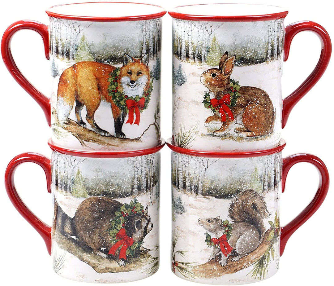 Winter Forest 16 Piece Dinnerware Set Service 4 Brown Green Color Animal Casual Modern Contemporary Round 16 Piece Dishwasher Safe Microwave - Diamond Home USA
