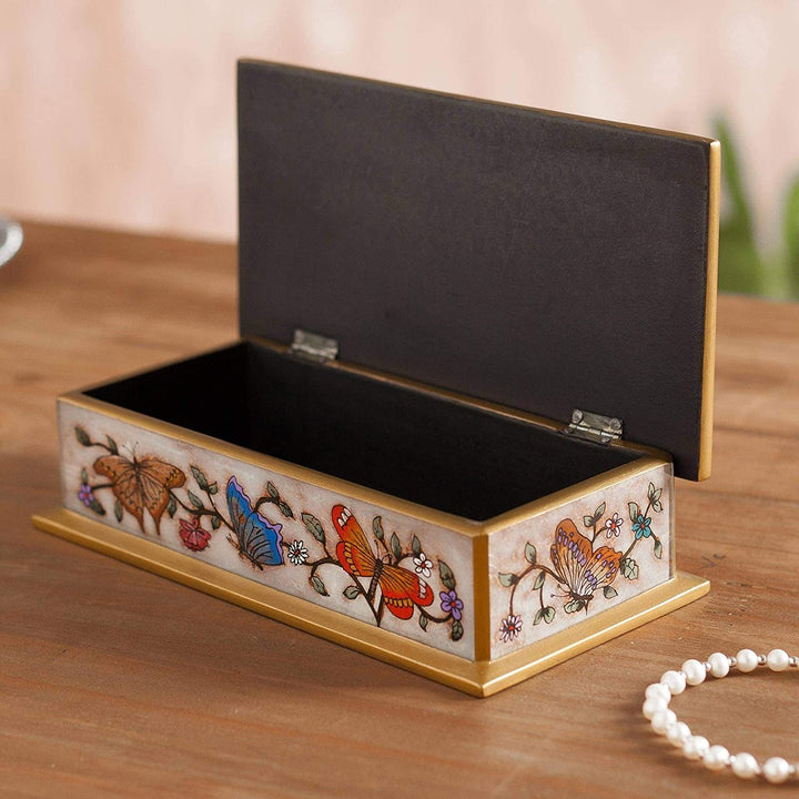 Handmade Butterfly Bone Painted Glass Decorative Box (Peru) 2" H X 7 75" W 3 9" D Color Country Antique - Diamond Home USA