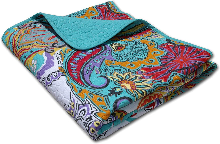 Quilted Cotton Throw Green Pink Purple Paisley Modern Contemporary Victorian - Diamond Home USA