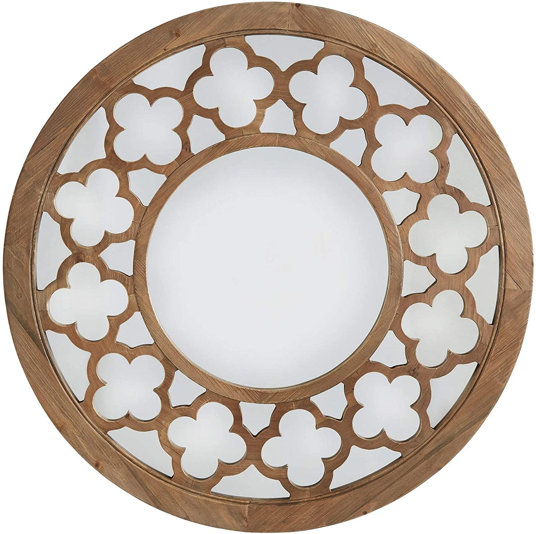 Wood Quatrefoil Cutout Round Wall Mirror Artisan Brown Rustic Includes Hardware - Diamond Home USA