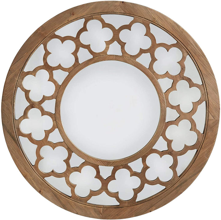 Wood Quatrefoil Cutout Round Wall Mirror Artisan Brown Rustic Includes Hardware - Diamond Home USA