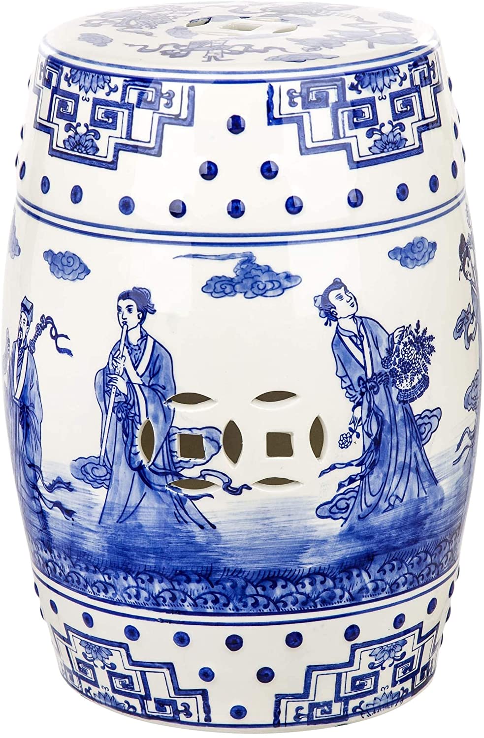 Ocean Jewel Chinoiserie Blue Garden Stool Transitional Ceramic Handmade - Diamond Home USA
